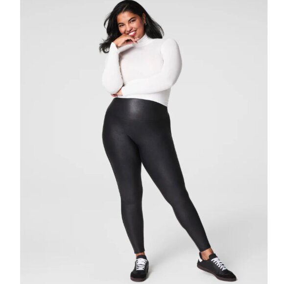 SPANX Shape Black Faux Leather High Waisted Compression Pull On Leggings Size L - Picture 2 of 11